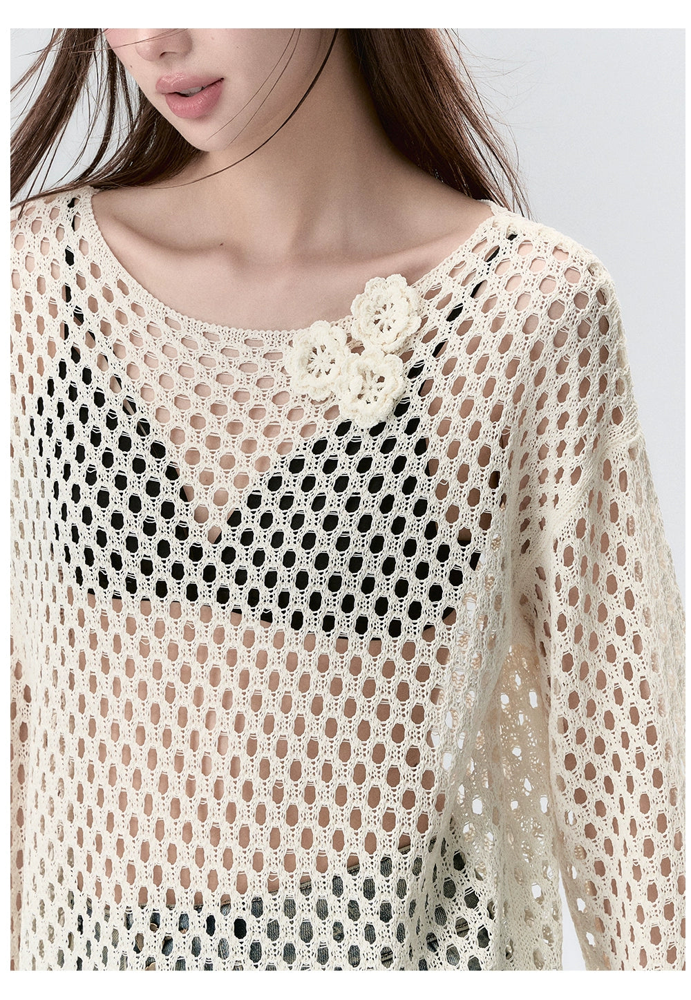 Milk Silk Sheer Mesh Hollow-Out Blouse - CHINASQUAD