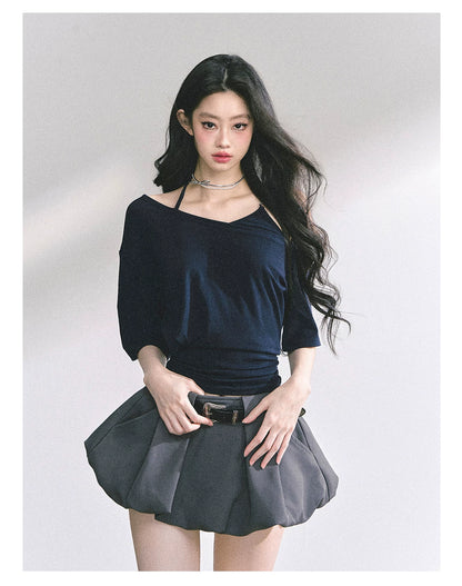 Asymmetric Short-Sleeve Halter Crop T-Shirt