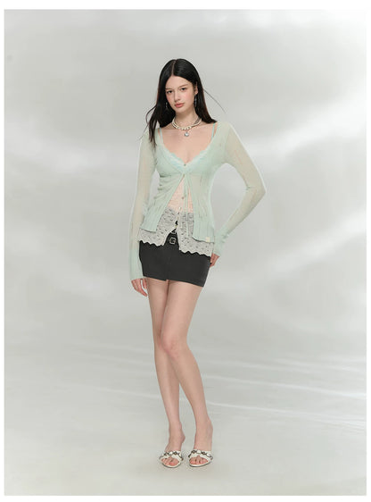 Sheer Layered Lace-Trim Knit Cardigan