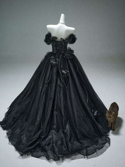 Nightfall Black Tulle Ball Gown with Floral Accents