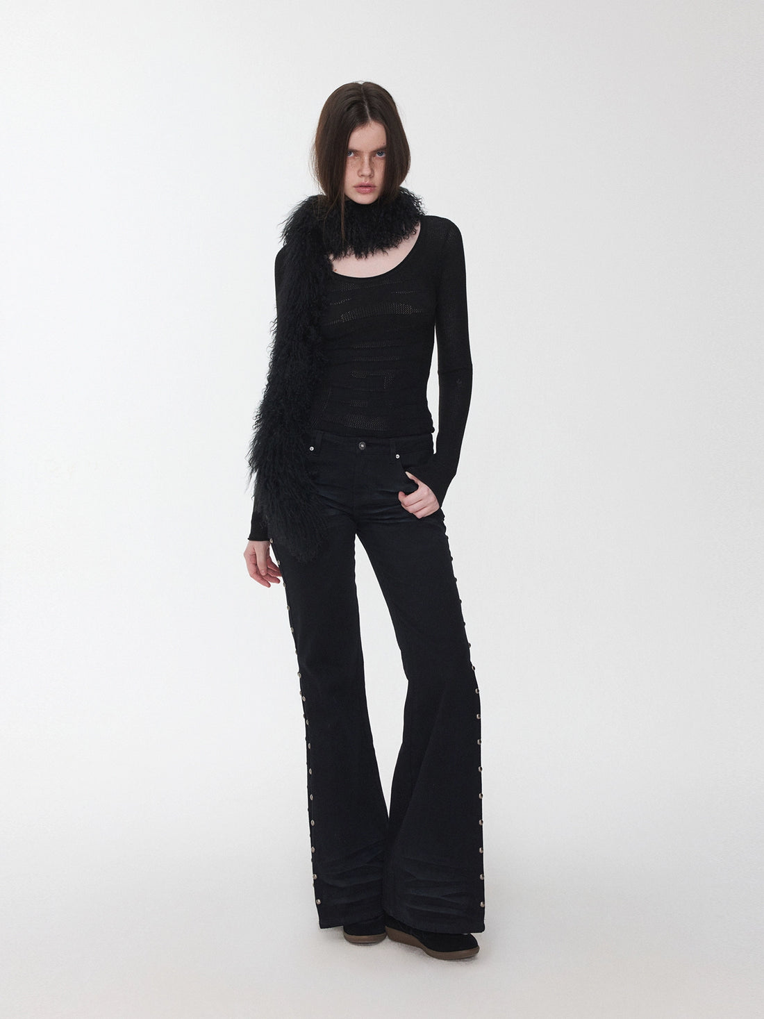 Studded Cat-Whisker Flared Denim Pants