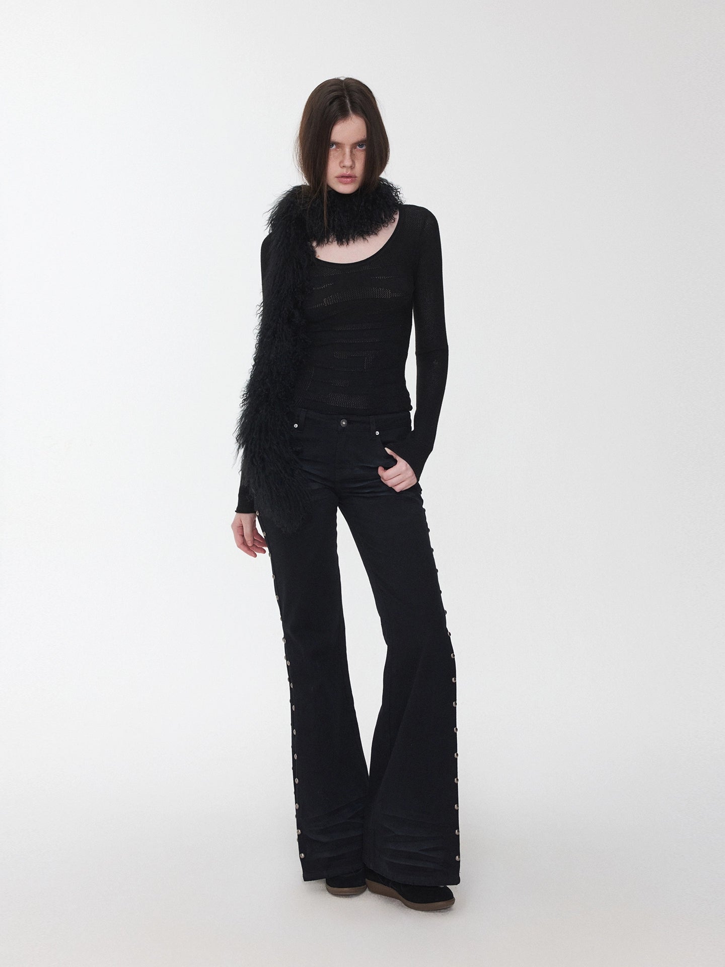 Studded Cat-Whisker Flared Denim Pants