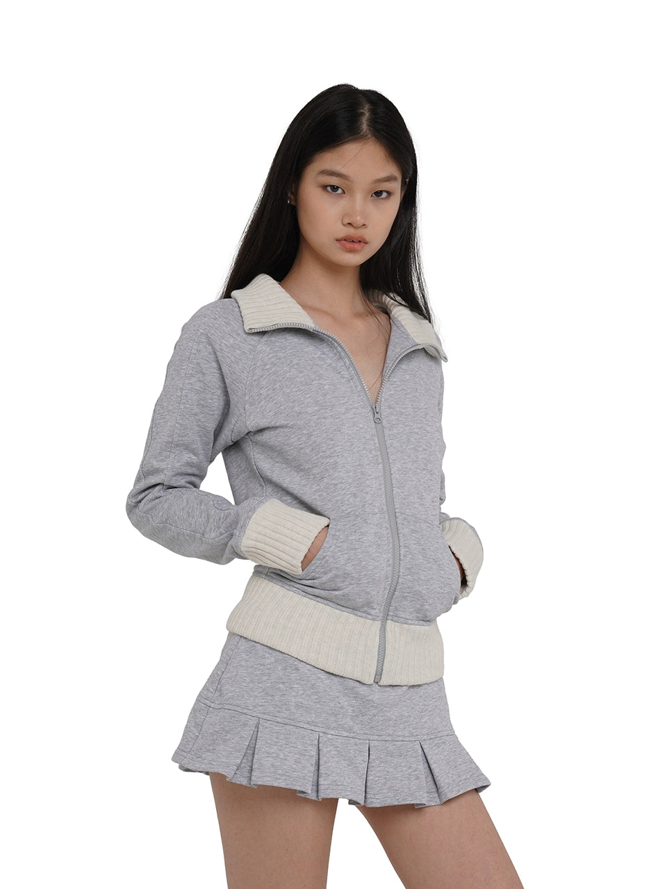 Gray Patchwork Zip-Up Cardigan