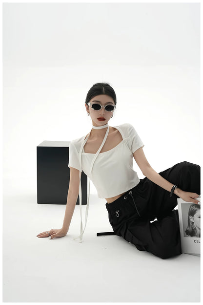 Tie-Detail Square-Neck Cropped T-Shirt