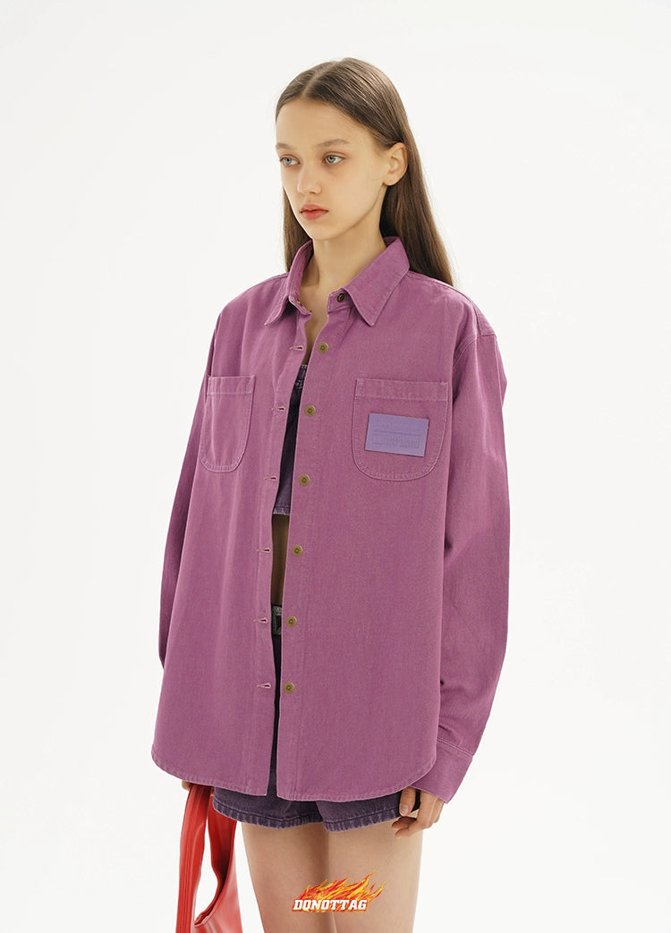 Purple &amp; Green Metal Button Pocket Denim Shirt - CHINASQUAD