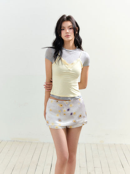 Faux Two-piece Lace Bow T-shirt