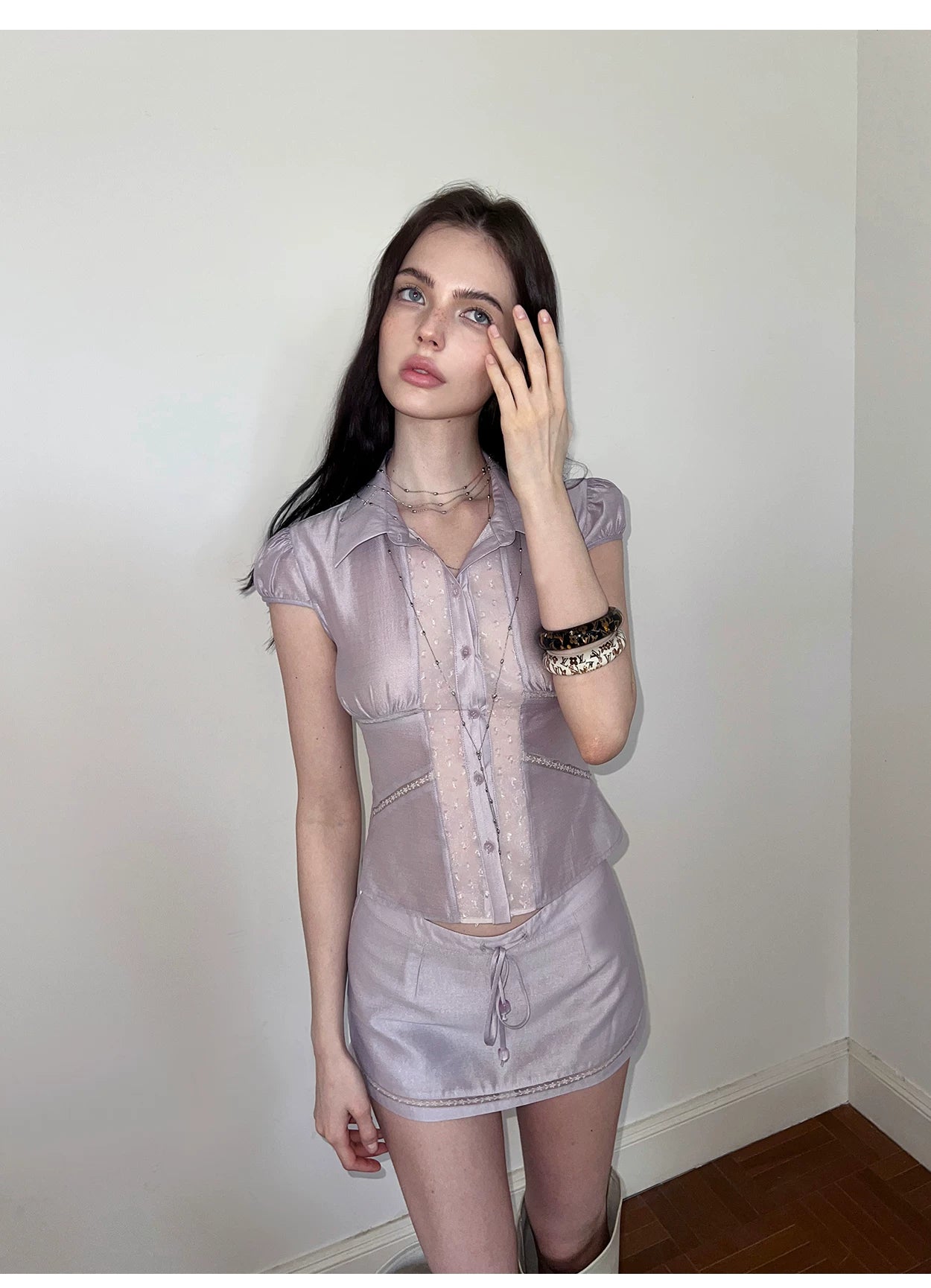 Lustrous Acetate Shirt &amp; Mini Skirt Set NeverMore