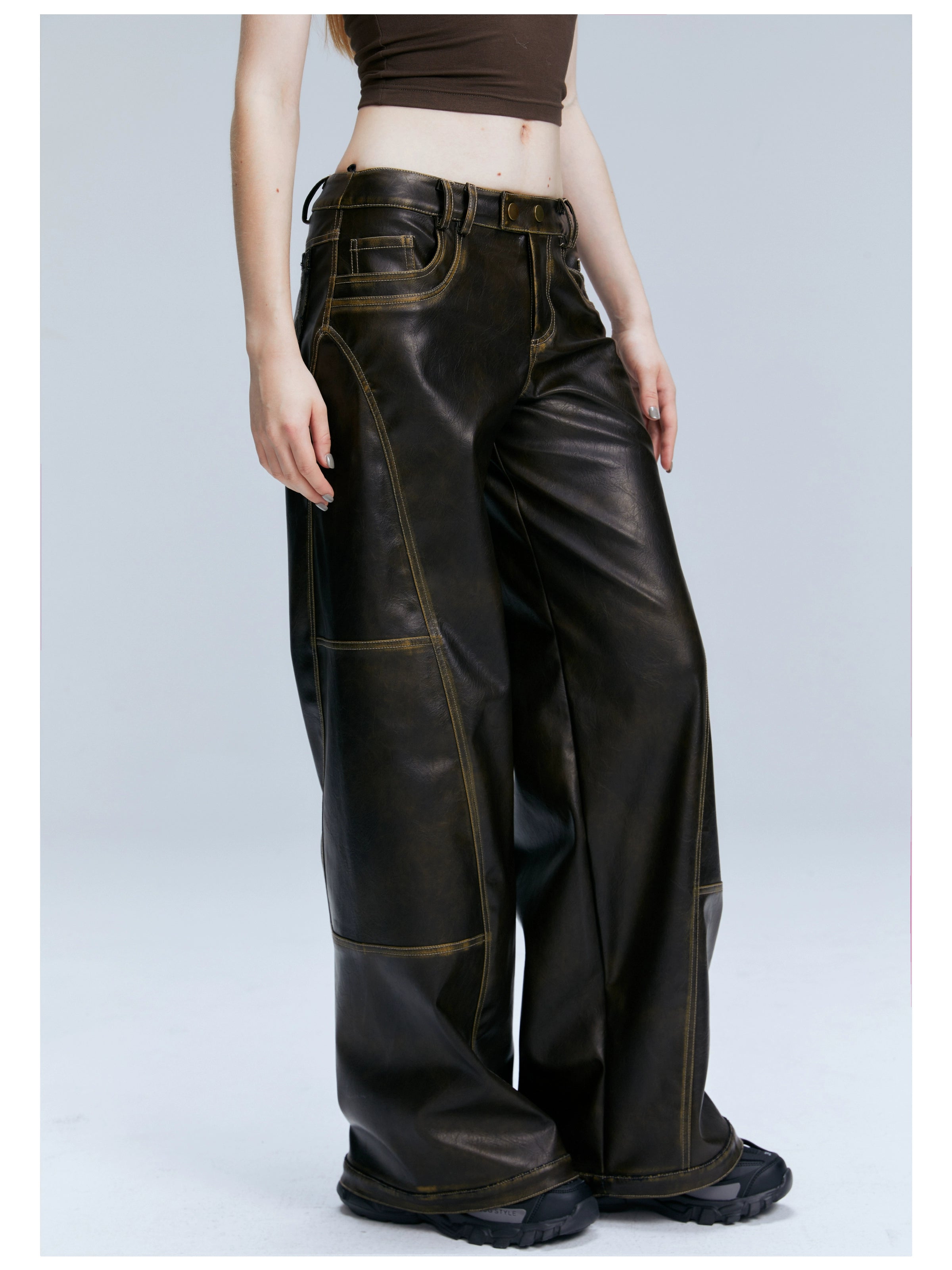 Brown PU Straight-Leg Pants