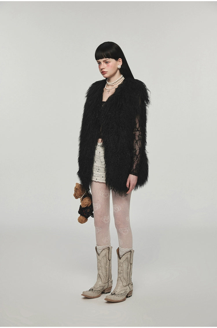 Camel &amp; Black Wool Straight-Cut Furry Vest - CHINASQUAD