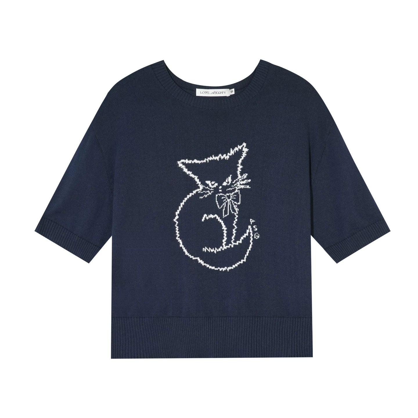 Jacquard Cat Motif Short Sleeve Knit Top