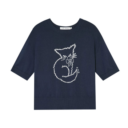 Jacquard Cat Motif Short Sleeve Knit Top