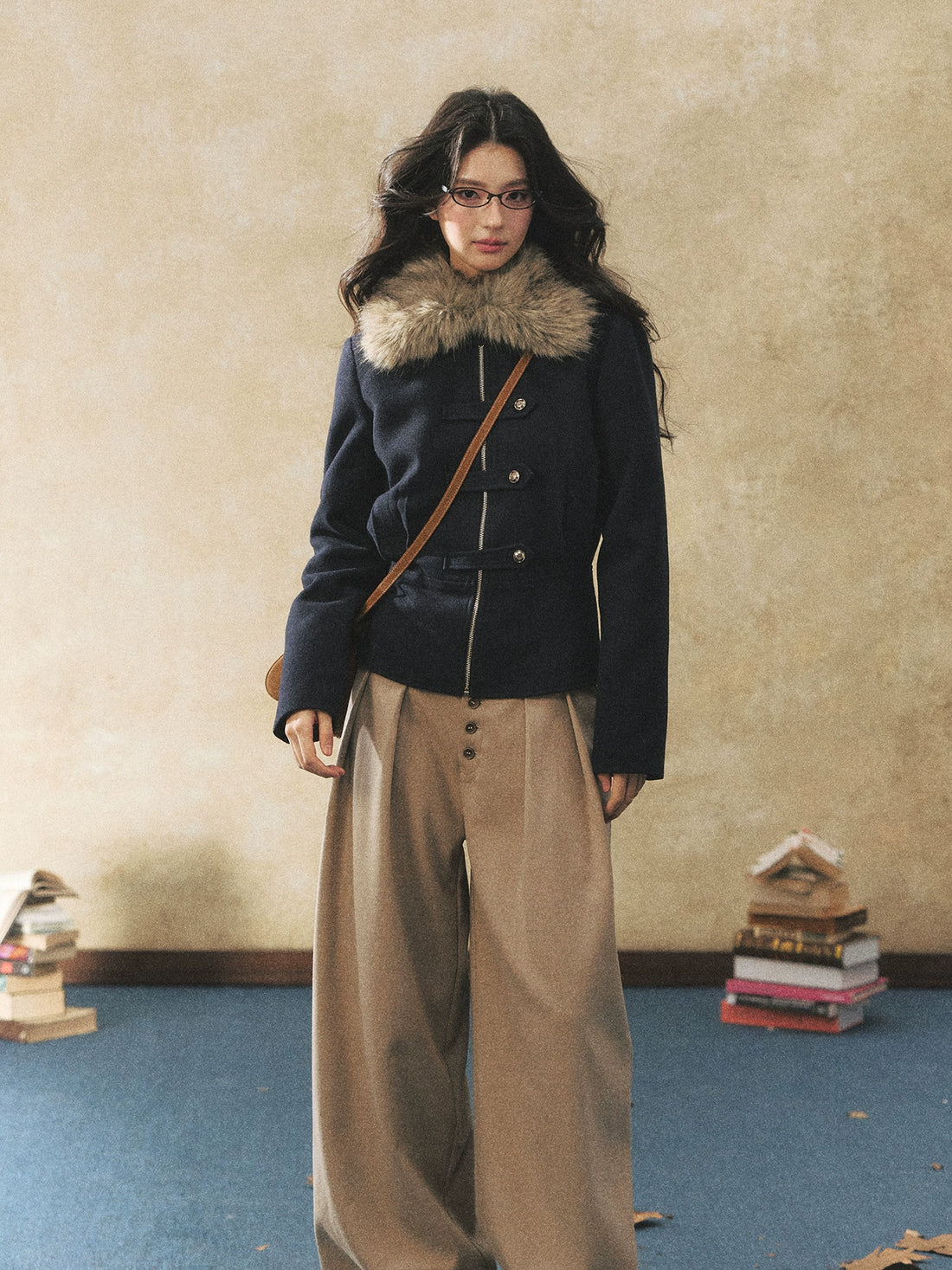 Fur Collar Waist-Defined Wool-Blend Jacket