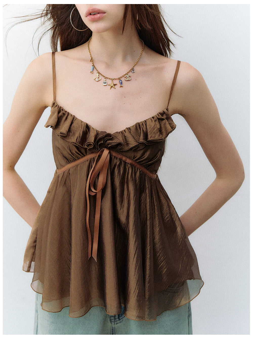 Ruffled Trim Acetate Slim-Fit Camisole