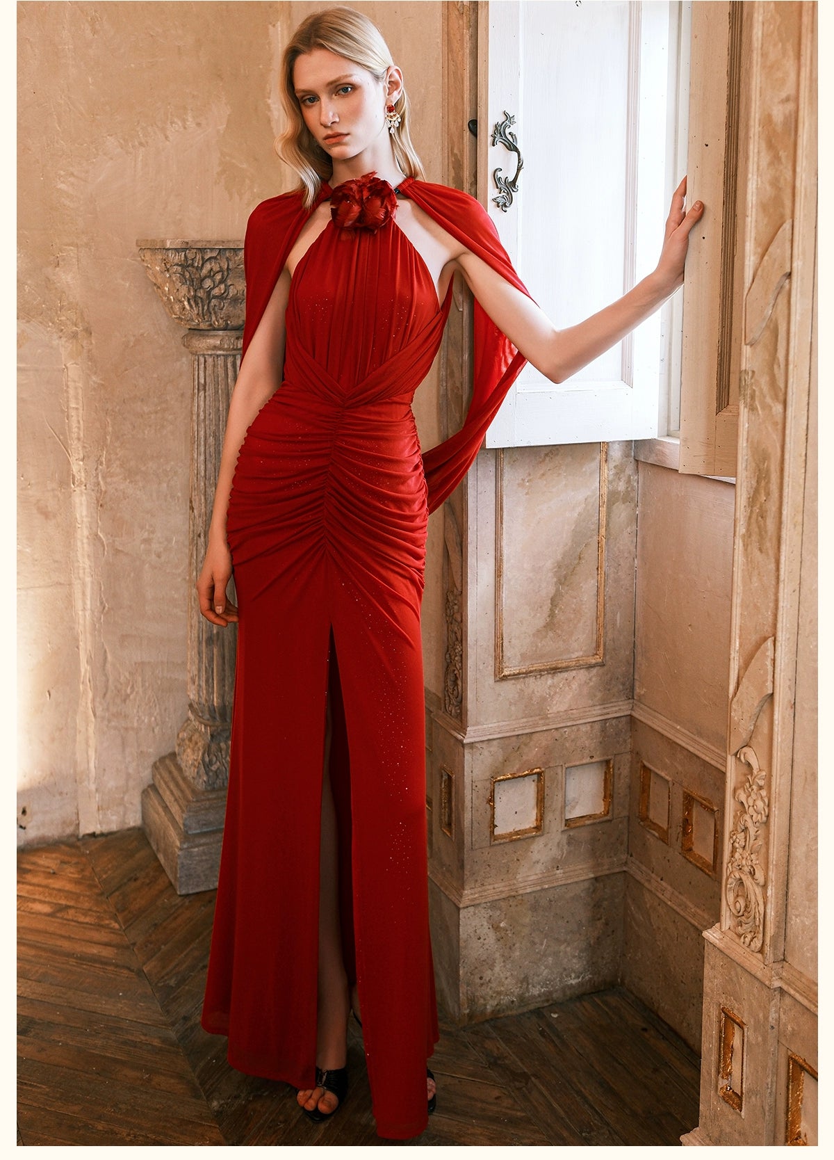 Deva Halter Backless Draped Split Maxi Dress