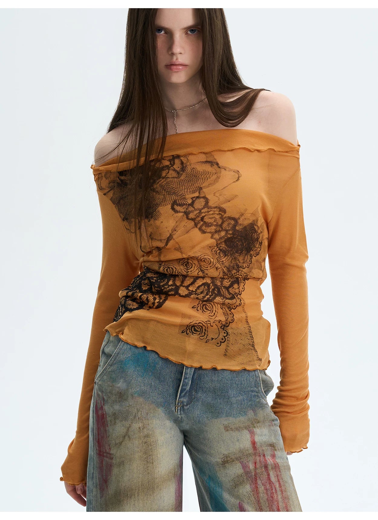 Lyocell Off-Shoulder Knit Crewneck