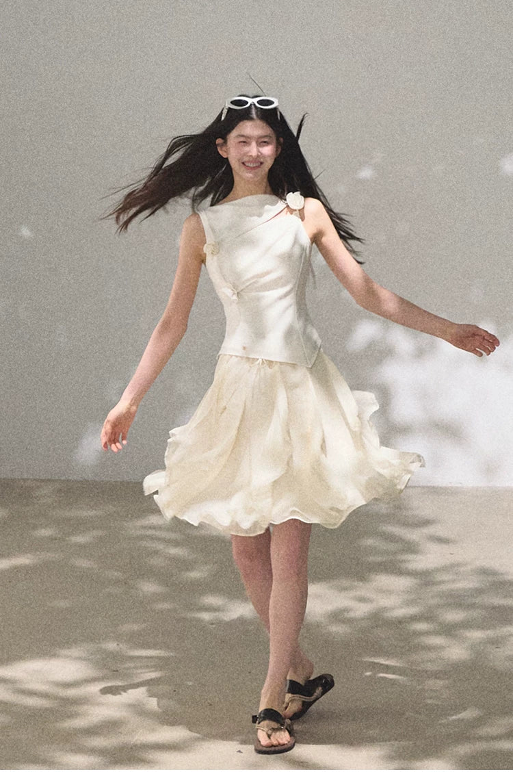 Asymmetric Ruffle Lace-Trim A-Line Midi Skirt