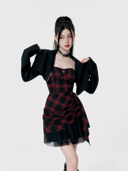 Red-Black Plaid Waist-Defining Dress