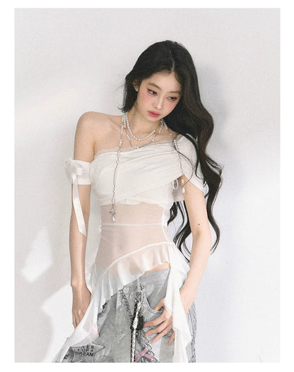 Off-Shoulder Mesh Short-Sleeve T-Shirt