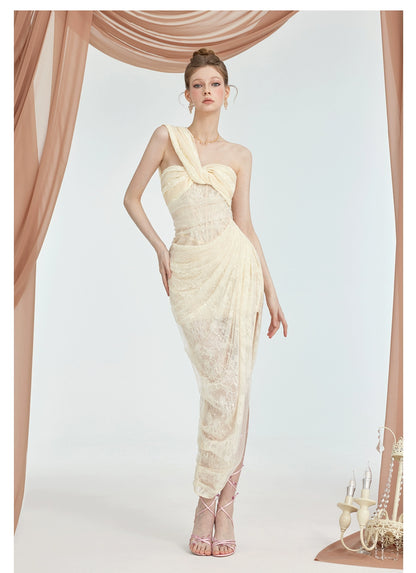 Asymmetric Lace Overlay Mesh Dress