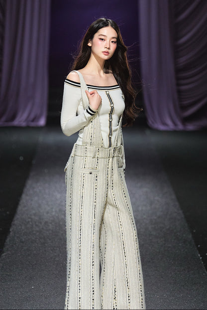 Tweed-Inspired V-Neck Wide-Leg Jumpsuit