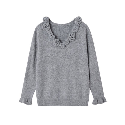 3D Rose V-Neck Knit Sweater &amp; A-Line Knit Skirt Set