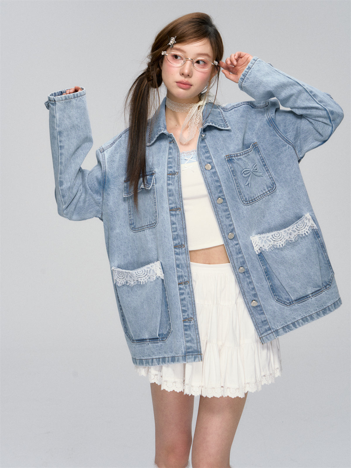 Lace-Patchwork Utility Pocket Denim Jacket