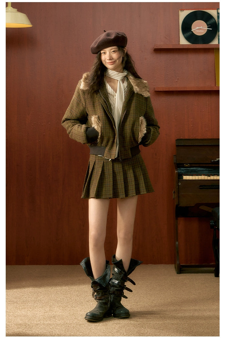 Khaki Plaid Patchwork Shearling Jacket &amp; Pleated Skirt Set - CHINASQUAD