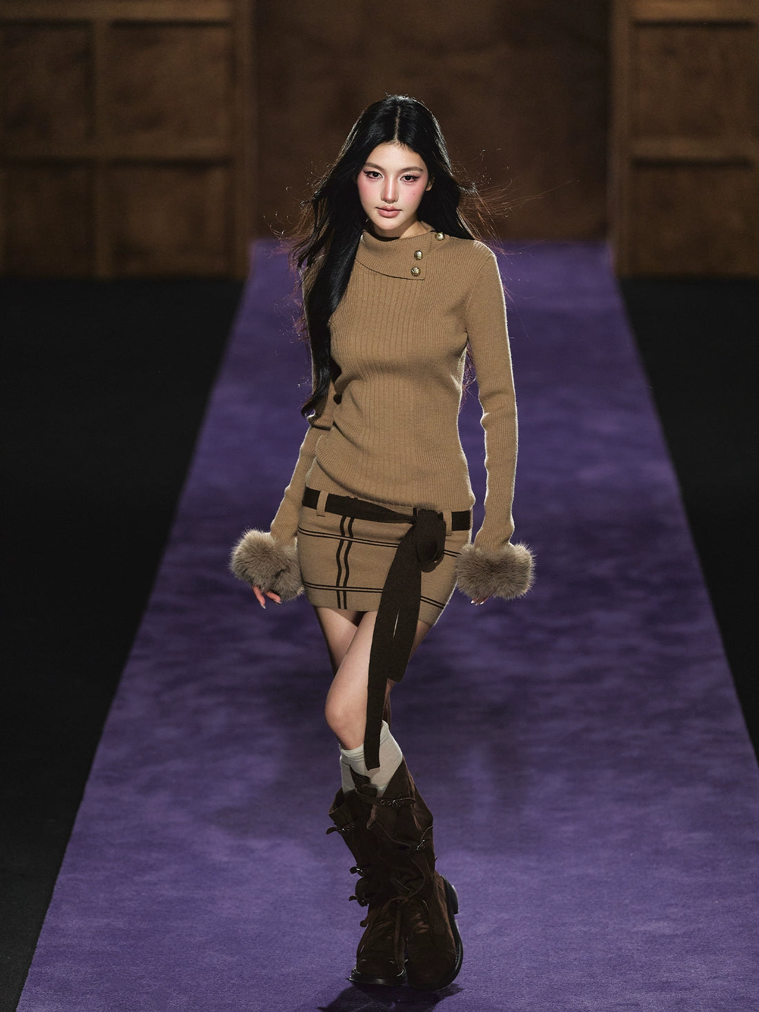 Faux Fur Cuff High-Neck Knit Dress