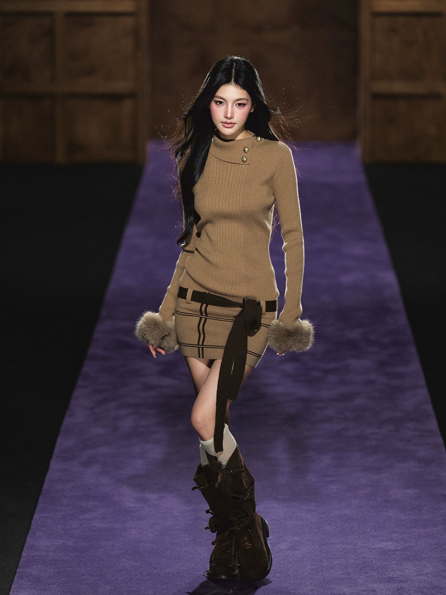 Faux Fur Cuff High-Neck Knit Dress