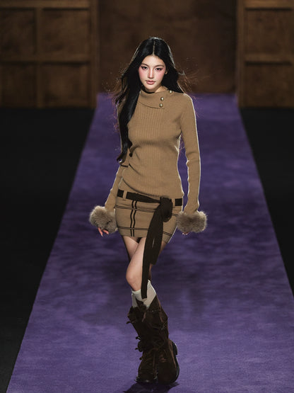Faux Fur Cuff High-Neck Knit Dress