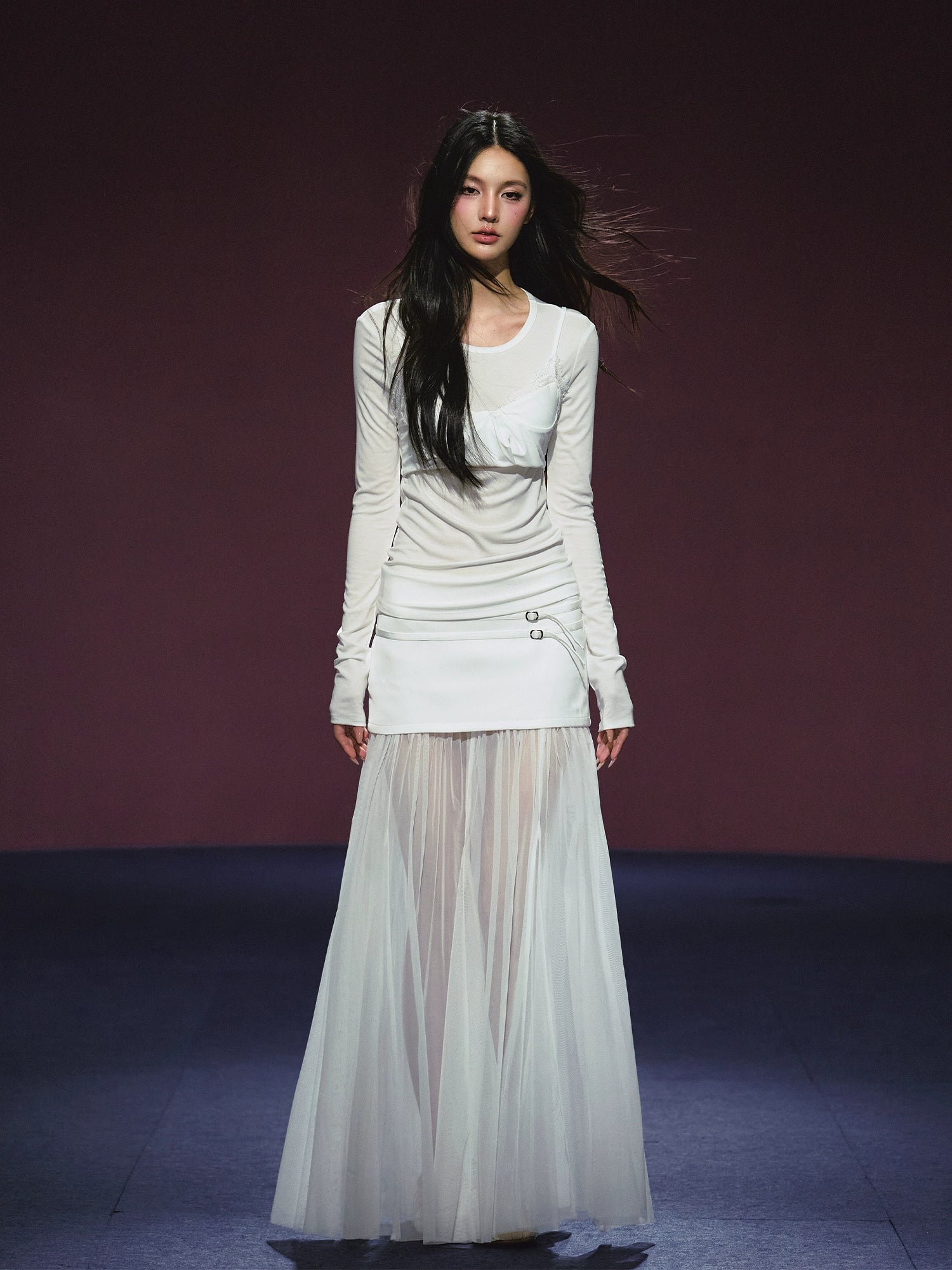 Lyocell Fake Two-piece Sheer Blouse &amp; Skirt Set