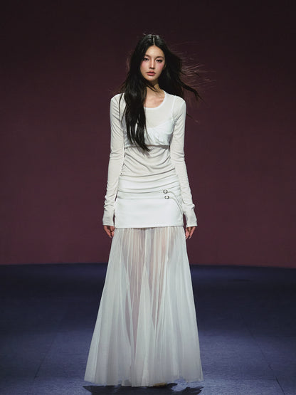 Lyocell Fake Two-piece Sheer Blouse &amp; Skirt Set
