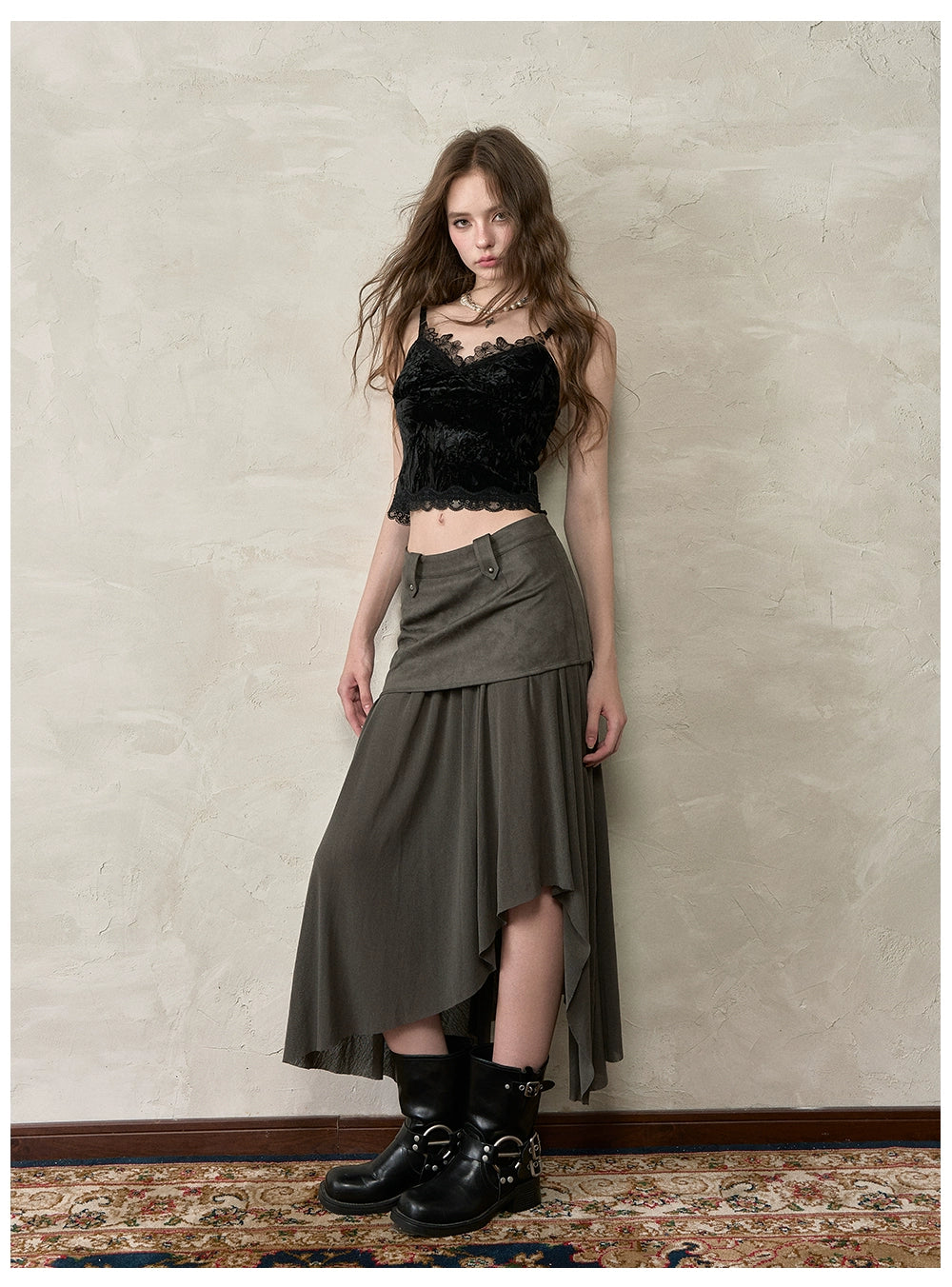 Irregular Spliced Vintage Pleated Skirt