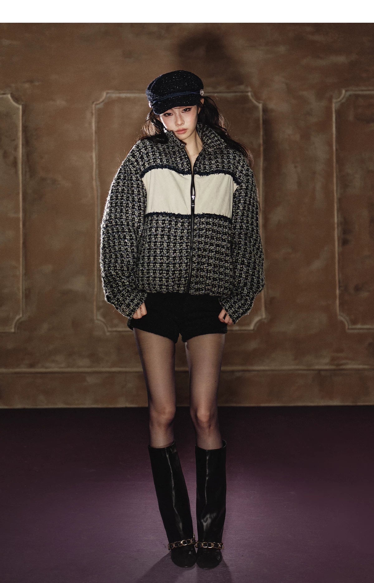 Wool-Blend Colorblock Stand Collar Padded Jacket