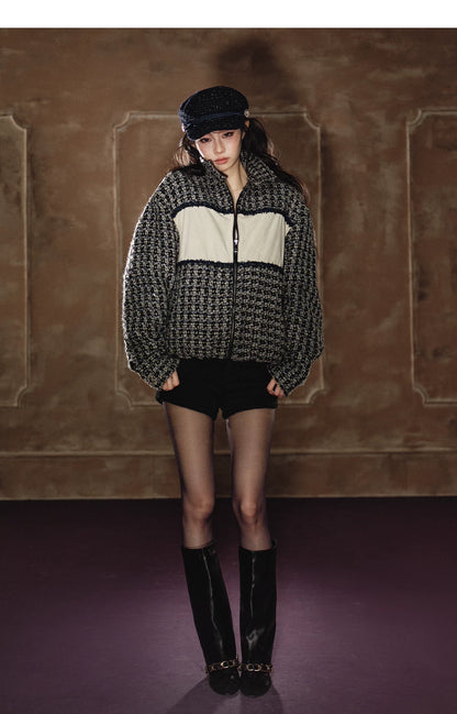 Wool-Blend Colorblock Stand Collar Padded Jacket