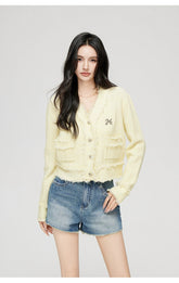 Milk Yellow & Gray V-Neck Knit Cardigan - CHINASQUAD