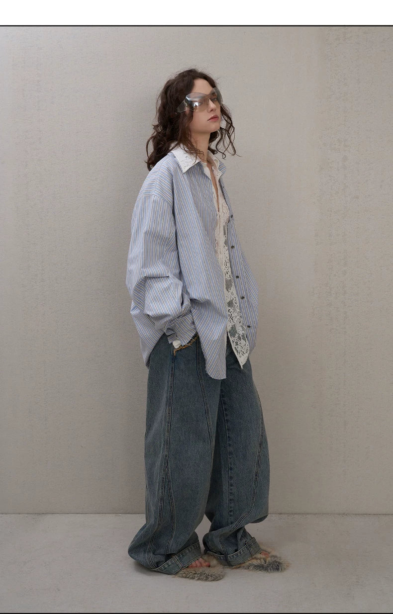 Asymmetric Pleated Stripe Cotton Shirt