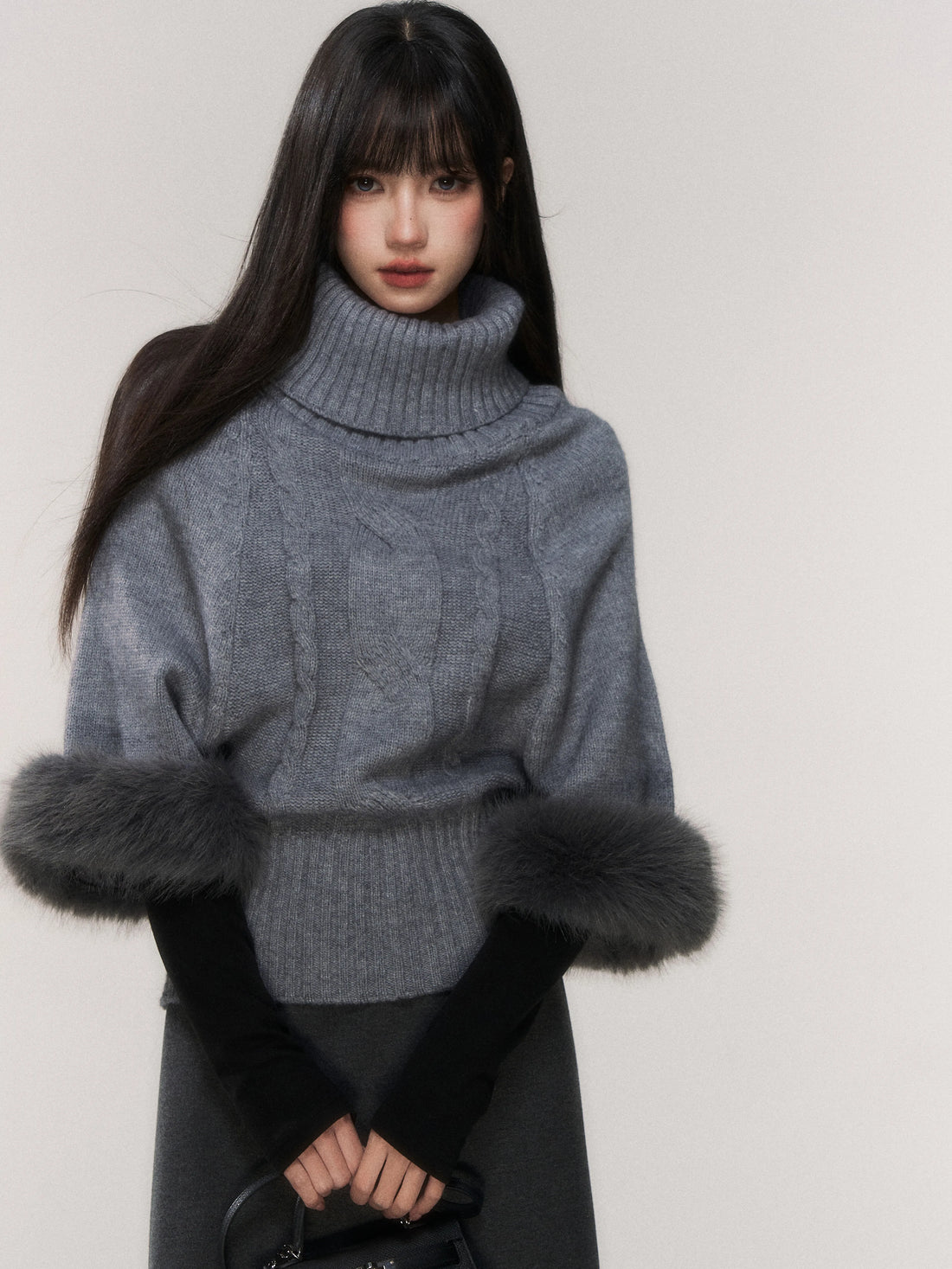 Cable-Knit Turtleneck Cape Sweater