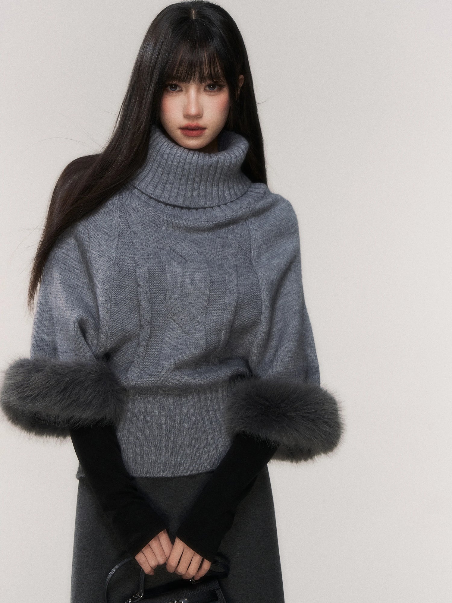 Cable-Knit Turtleneck Cape Sweater