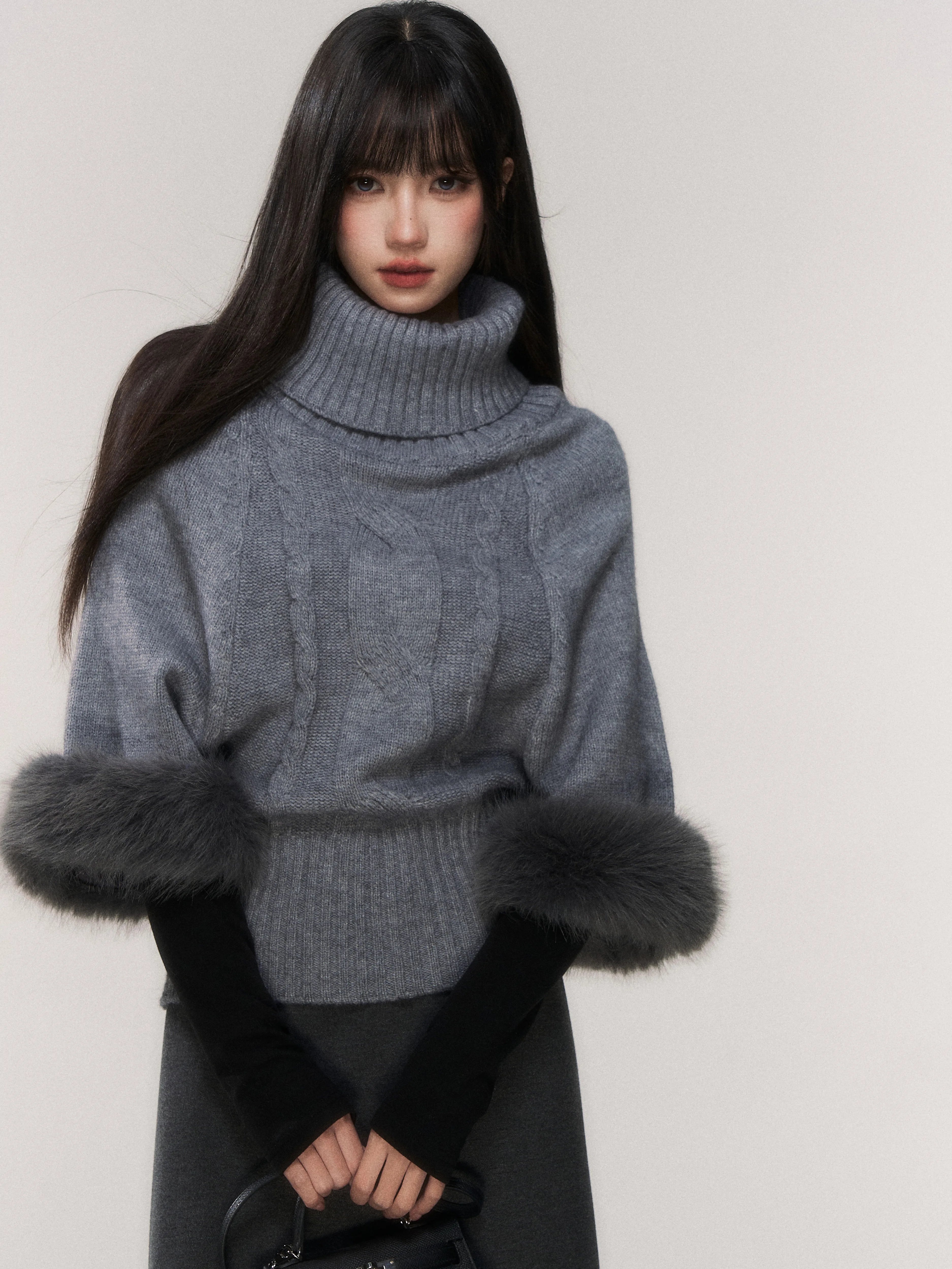 Cable-Knit Turtleneck Cape Sweater