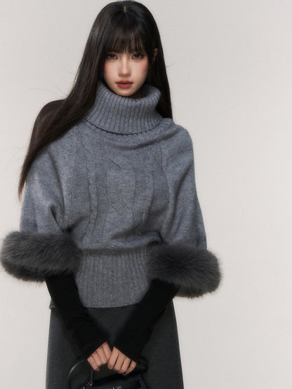 Cable-Knit Turtleneck Cape Sweater