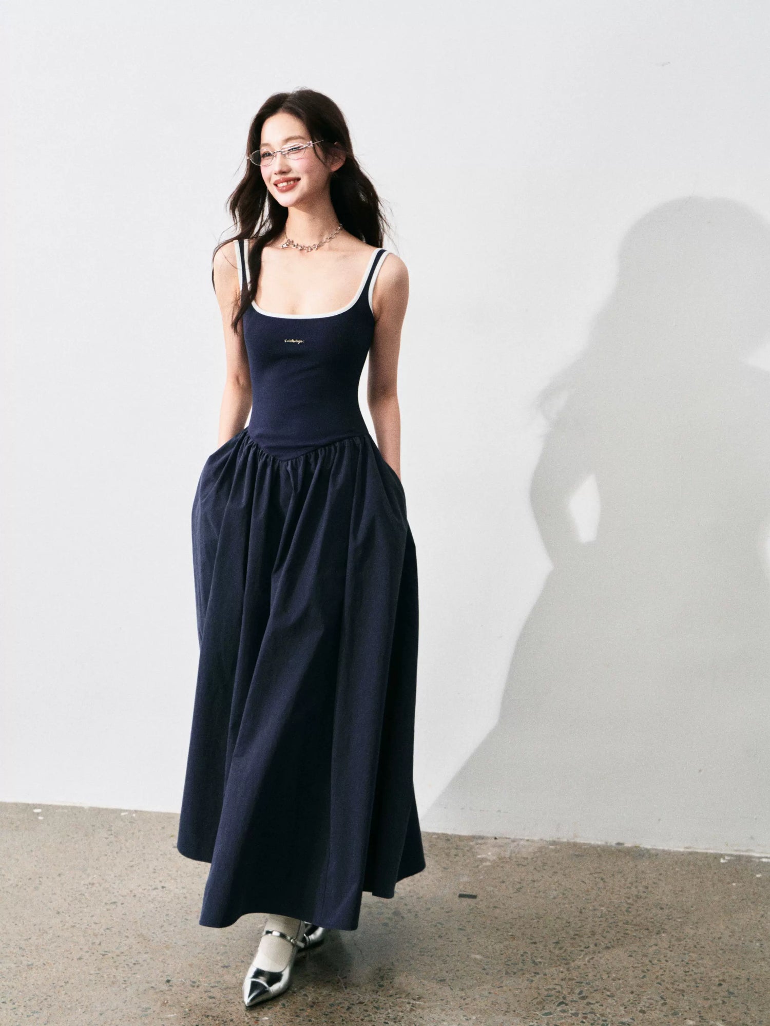 Contrast-Trim Backless Slip Maxi Dress