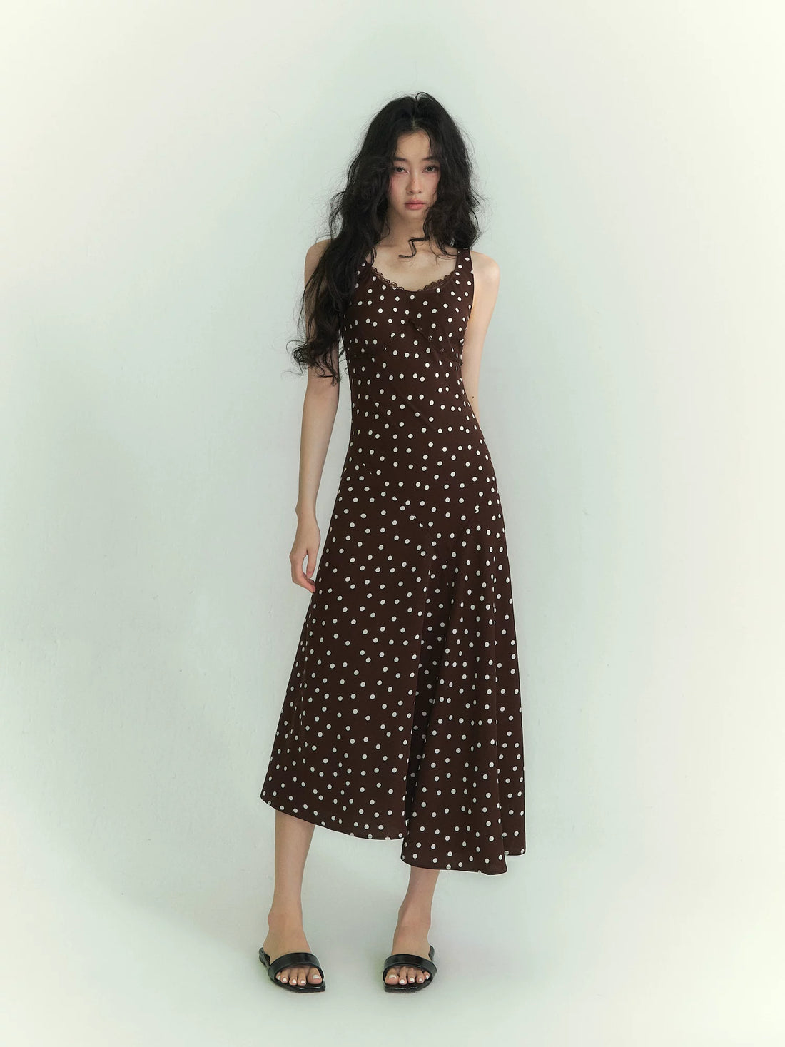 Lace-Trim Polka Dot Midi Dress
