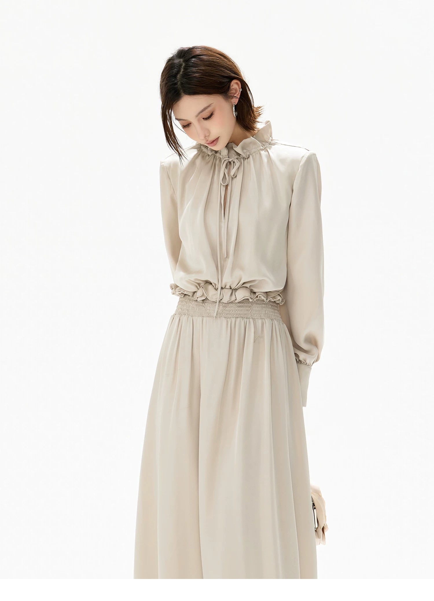 Elegant Ruffled Collar Satin Maxi Dress