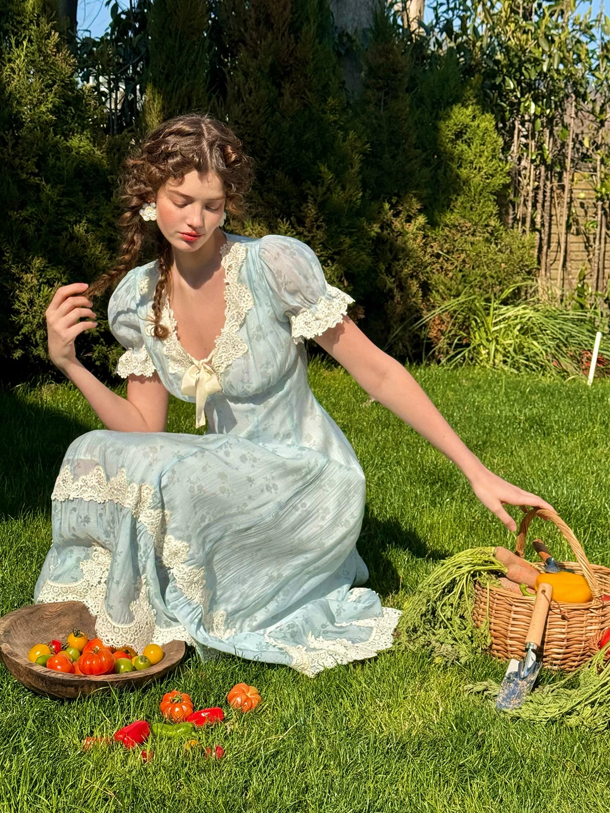 Fresh Baby Blue Lace Short-Sleeve Dress