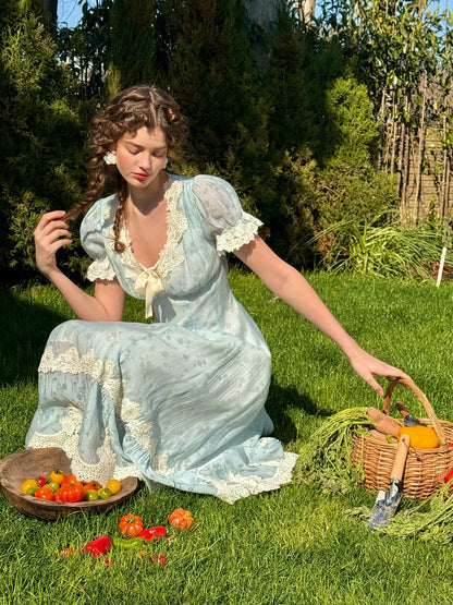 Fresh Baby Blue Lace Short-Sleeve Dress
