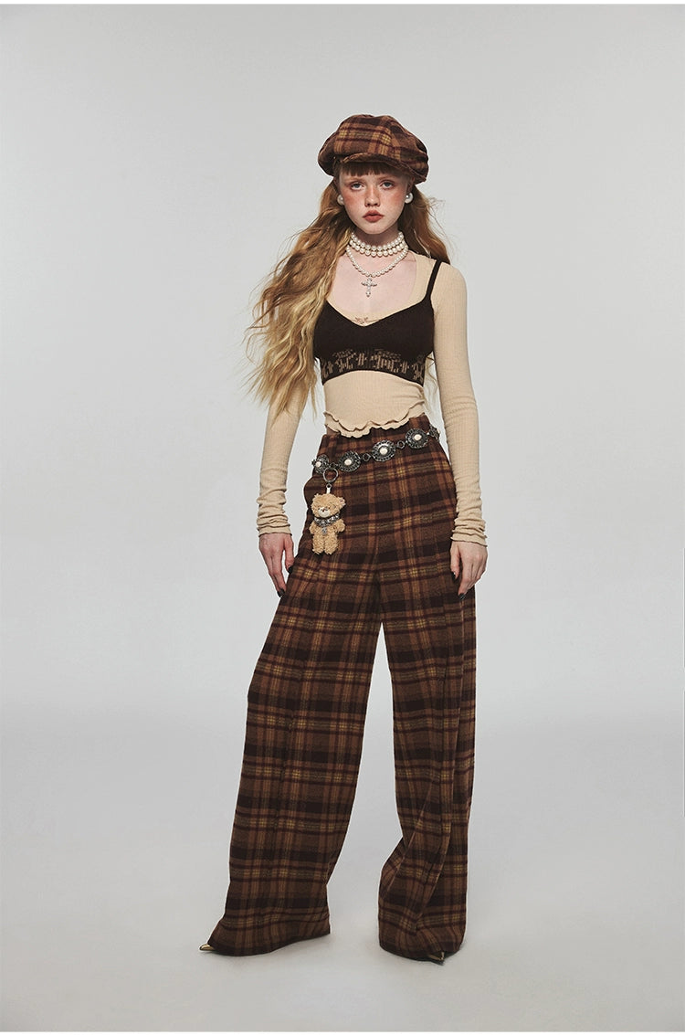 Plaid Woolen Wide-leg Pants - CHINASQUAD