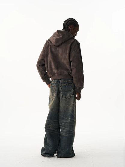 Distressed Vintage Embroidered Plaid Hoodie Jacket