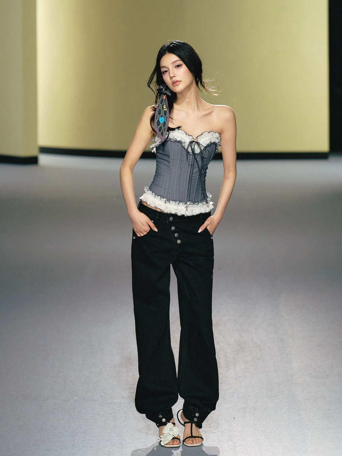 Asymmetric Placket Straight-Leg Denim Trousers