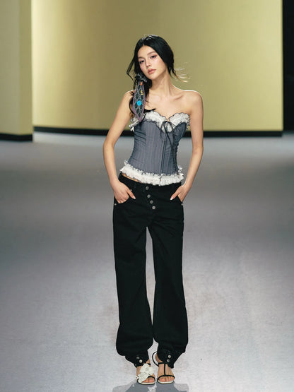 Asymmetric Placket Straight-Leg Denim Trousers